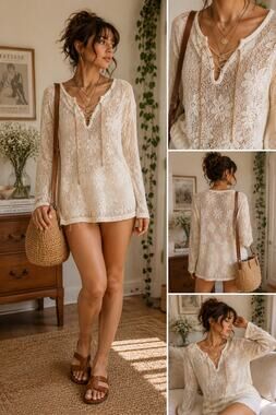 NWT Xhilaration Ivory Crochet Knit Sweater XL Lace Up Cottagecore Boho Top